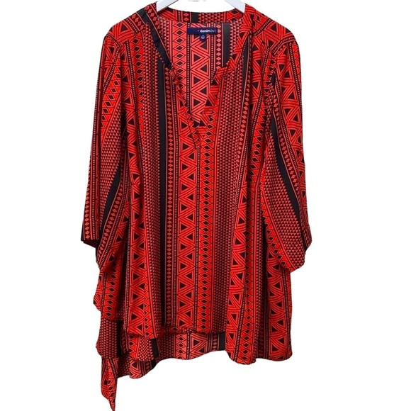 DENIM 24/7 Womens Top Plus Size 32W Coral Red Black Tunic Blouse Aztec Boho - Picture 2 of 13